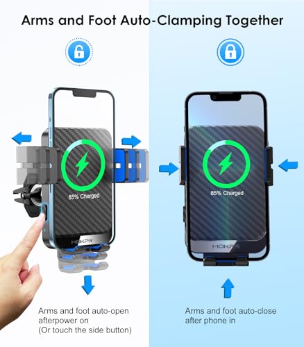 Wireless Car Charger, MOKPR 15W Fast Charging Auto-Clamping Phone Mount Air Vent Cell Phone Holder Compatible iPhone 15/14/13/13 Pro/12 pro/12/11/X/8, Compatible Galaxy S23/S22/S21/S20, etc Blue - color: Blue Arm