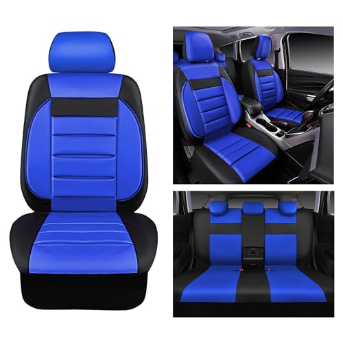 CAR PASS Leather Seat Covers Full Set Universal Water Resistant 3D Foam Back Support, Luxury Comfort Automotive 5 Seat Covers All Season Fit for SUV,Sedan,Van, Airbag Compatible Elegance(Blue Black) - color: Black and Blue
