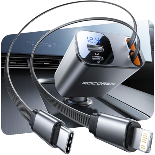 Retractable Car Charger for iPhone 17,Rocoren 4 in 1 USB C Car Charger with Dual Cord,69W Fast Charging Cigarette Lighter Adapter,Road Trip Essentials,Car Accessories Gifts for iPhone 16/15/14,Galaxy - size: 2 Cords (1 Apple, 1 Type-C)