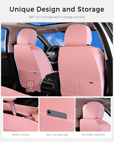 Huidasource Pink Seat Covers, Nappa Leather Car Seat Covers, Velcro Adjustable, Compatible with Airbags, Child Seat, Seat Belts, Fit for Most Cars, Vans, Trucks, SUVs (Full Set/Pink) - color: 01FS# Pink, size: 5pcs Full Set
