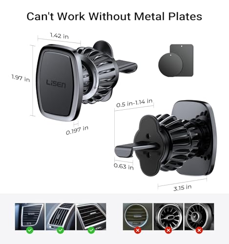 LISEN 2 Pack Magnetic Phone Holder for Your Car - 6 Military Magnets Vent Cell Phone Mount (Silver) - color: Sliver