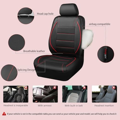CAR PASS Universal FIT Piping Leather Two Front Seat Covers, Waterproof Faux Leather for SUV Sedan Van Truck, Airbag Compatible,Reserved Opening Holes for Headrest Covers. (Black red) - color: Black Red