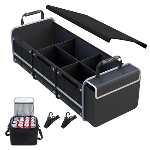 Car Trunk Organizer with Cooler Bag, Collapsible Multi-Compartment Car Organizer for SUV, Truck, Durable Car Storage Organizer for Groceries, Camping, Christmas Gifts (Black) - color: Black