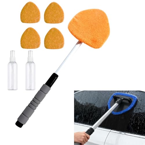 Longer Extendable Windshield Cleaning Tool,Car Window Cleaner Windshield Cleaner and Washable Microfiber Pads with 4 Reusable and 2 pcs Spray Bottles for Car and Home Window (Orange) - color: Orange