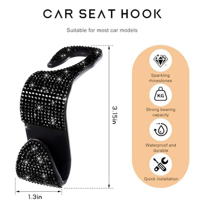4 PCS Car Seat Headrest Hooks, Bling Rhinestone Purse Hook Vehicle Back Seat Hanger, Sparkling Crystal Headrest Hangers Storage Organizer for Grocery Bag Handbag Coats (Black)