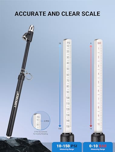 LUMITECO 2-Pack Dual Head Tire Pressure Gauge, Heavy Duty Truck Tire Air Gauge Range 10-150PSI 1-10Bar, Straight-On Pencil Air Pressure Gauge Extended Tube for Semi Truck, Car Tire Pressure Checker - size: 2 Pack Matte Black