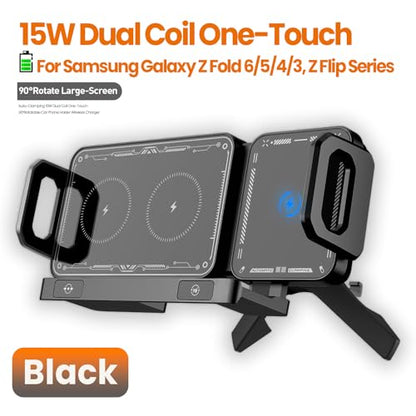 Famous Tech Shop Wireless Car Charger Mount 15W Fast Charging Phone Holder with Auto Rotation, Dual Mount Dashboard and Windshield Car Phone Holder for iPhone and Android