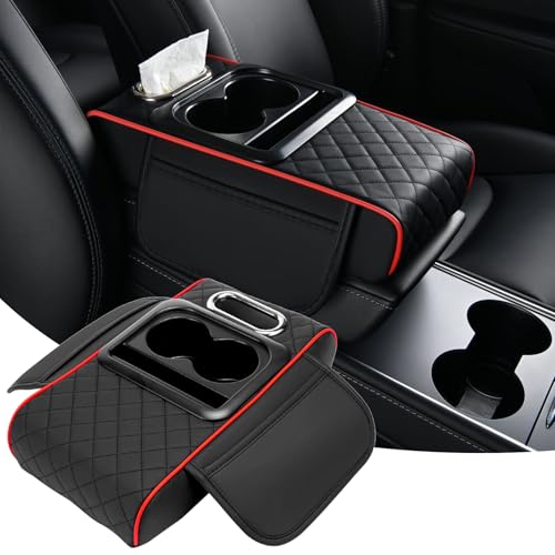 Car Armrest Cushion, 5 in 1 Center Console Cover with 2 Cup Holders, Phone Holder, Tissue Holder, Storage Bag, Multifunctional Leather Heightened Car Armrest Cushion for Most Cars - color: Black&Red