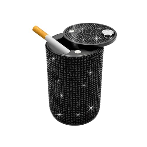 Bling Car Ashtray with Lid, Rhinestones Fireproof Auto Cup Holder Cigarette Ash Tray, Smokeless Crystal Diamond Ashtray Mini Trash Can for Women Girls, Car Accessories (Black) - color: Black