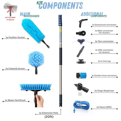 IGADPole 20 FT Water-Fed Cleaning Kit – Extendable Telescopic Pole with Soap-Dispenser, Brush & Cobweb Duster, Adjustable 5-20 FT Handle for Safe High Window, Gutter, Solar Panel & Exterior Cleaning - size: 20 ft Pole