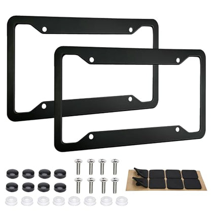 2 Pack Black License Plate Frames - Heavy Duty Stainless Steel Car License Plate Frame with 4 Holes, Rattle Proof Rustproof with Mounting Screws & Caps for Front Rear Cars - color: Matte Black, size: 4 Holes