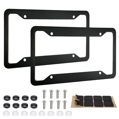 2 Pack Black License Plate Frames - Heavy Duty Stainless Steel Car License Plate Frame with 4 Holes, Rattle Proof Rustproof with Mounting Screws & Caps for Front Rear Cars - color: Matte Black, size: 4 Holes