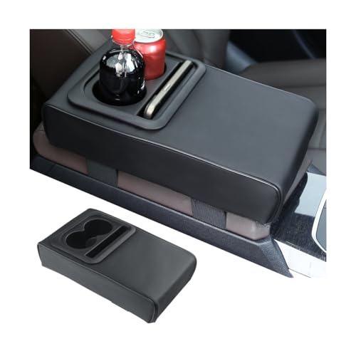Osilly Car Center Console Armrest Pillow with Cup Holder, Leather Middle Console Protection Cushion with Phone Holder, Memory Foam Auto Arm Rest Box Cover, Universal Vehicle Accessories (Black) - color: Black