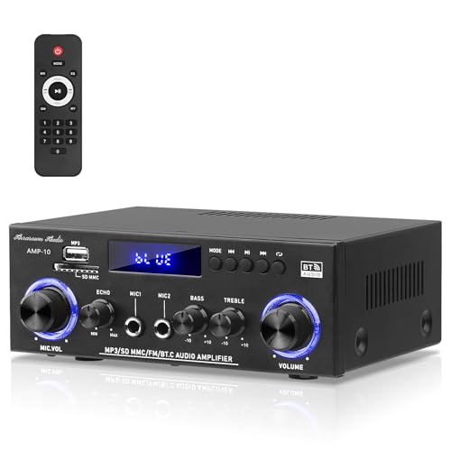 AMP-10 Bluetooth Amplifiers RMS 50WX2 Stereo Audio Amp Receivers for Home Speaker 2.0 Channel Max 600W Output Mini Power Amplifier w/FM Radio, Echo, MIC, USB, SD Input for Home,Car Audio