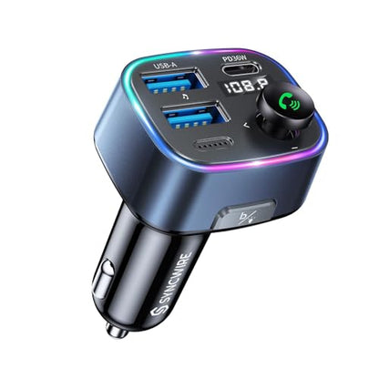 Syncwire Bluetooth 5.3 FM Transmitter Car Adapter 48W(PD 36W & 12W) [Light Switch] [Hi-Fi Deep Bass] [Fast Charging] Wireless Radio Music Adapter LED Display Hands-Free Calling Support USB Drive - color: Dark Blue, style: 48W