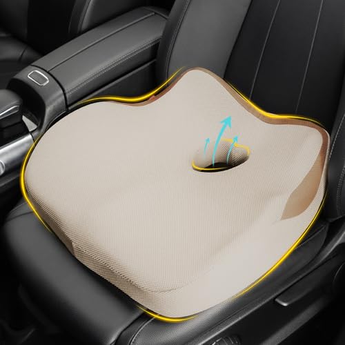 Car Seat Cushion: Ergonomic Memory Foam Car Cushion for Sciatica Pain Relief, Larger Driving Seat Pillow for Short Drivers on Long Drives - Butt Pillow for Truck, Office, Wheelchair - Beige - color: Beige, size: Standard