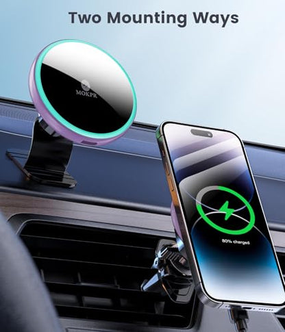 MOKPR for Magsafe Car Mount Charger-15W Wireless Car Charger-Magnetic Car Phone Holder for Dash Air Vent-LED RGB HandsFree Car Mount Fast Car Charger for iPhone 14/13/12 Series - color: Purple