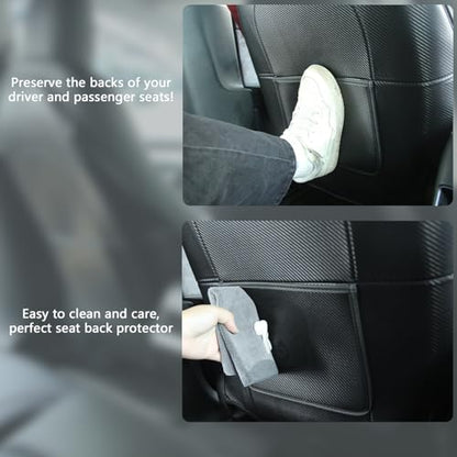 TOPABYTE Seat Back Kick Protector for Tesla Model Y Model 3 Model S Model X Leather Backseat Mats for Kids Wear-Resistant Back Seat Cover with Extra Organizer Pocket 2 PCS -Carbon Fiber