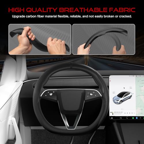 Ultra-Thin Nappa Leather Steering Wheel Cover for Tesla Model 3/Y 2016-2025, Non-Slip Textured Breathable Tesla Model 3/Y Steering Wheel Protector - color: Carbon Fiber