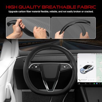 Ultra-Thin Nappa Leather Steering Wheel Cover for Tesla Model 3/Y 2016-2025, Non-Slip Textured Breathable Tesla Model 3/Y Steering Wheel Protector - color: Carbon Fiber