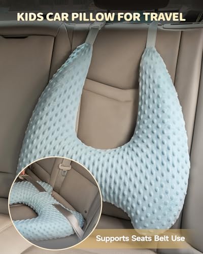 Memory Foam Kids Travel Pillow, Car Pillow for Kids, H-Shape Car Pillows for Sleeping, Removable Pillowcase, Adjustable, Velvet Dots, Blue - color: Velvet Dots Blue