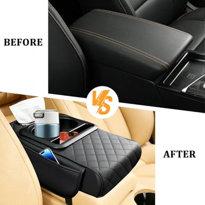 Car Center Console Armrest Box Mat, Nappa Leather Armrest Box Cover with Tissue Box, Cup Holder & Phone Holder, Middle Console Arm Rest Protection Pillow, Universal for Vehicles (Black) - color: Black