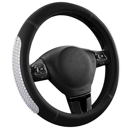 PIC AUTO Steering Wheel Cover, Glitter Gel Particles & Black Luxury Leather Car Steering Cover, Universal Fit 14.5"-15.5" Anti-Slip Car Wheels Cover for Girls & Women - color: Black