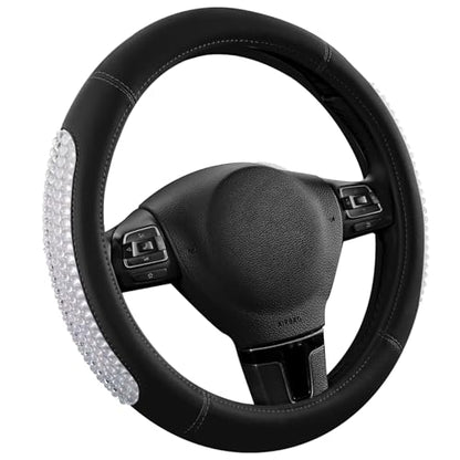 PIC AUTO Steering Wheel Cover, Glitter Gel Particles & Black Luxury Leather Car Steering Cover, Universal Fit 14.5"-15.5" Anti-Slip Car Wheels Cover for Girls & Women - color: Black