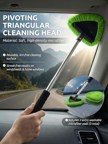 TAKAVU Car Window Cleaning Tool, Windshield Wiper Cleaner with Extendable Long-Reach Handle, 3 Washable Reusable Microfiber Bonnets, Car & Home Inside Interior Exterior Use - Lint Free (Green) - color: Black & Green