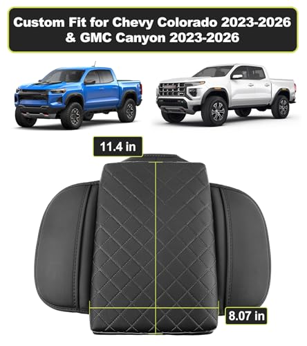Armrest Cover for Chevy Colorado GMC Canyon 2023 2024 2025 2026 Center Console Pad Accessories Arm Rest Lid with Pockets, Black Faux Leather