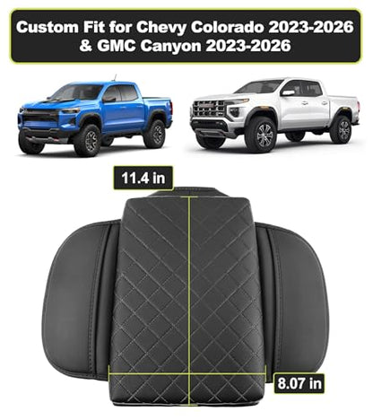 Armrest Cover for Chevy Colorado GMC Canyon 2023 2024 2025 2026 Center Console Pad Accessories Arm Rest Lid with Pockets, Black Faux Leather