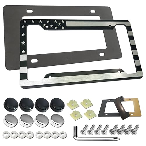 AOOTF American Flag License Plate Frame - USA Aluminum Metal License Plate Cover Auto Car Truck Tag Holder Thin Blue Line Black and White Stripes with Screws,Anti-Rattle Foam Pad - color: US flag-black-1 pack