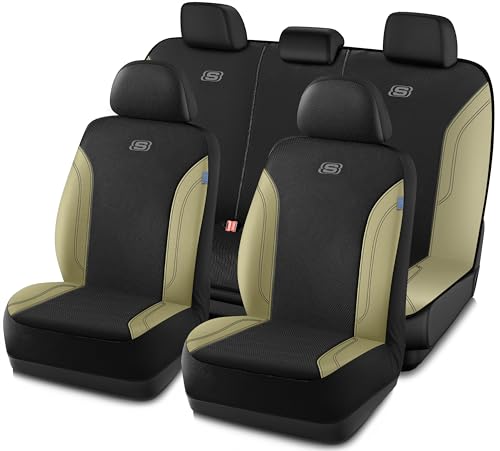 Skechers Car Seat Covers, Work Leather Seat Covers 5-Times Stronger Built-in Webbing,Oxford Fabric Seat Cover Full Sets, Airbag Compatible, Automotive Comfort for Cars,Trucks,SUVs,Beige - color: Black&Beige, size: Full Set