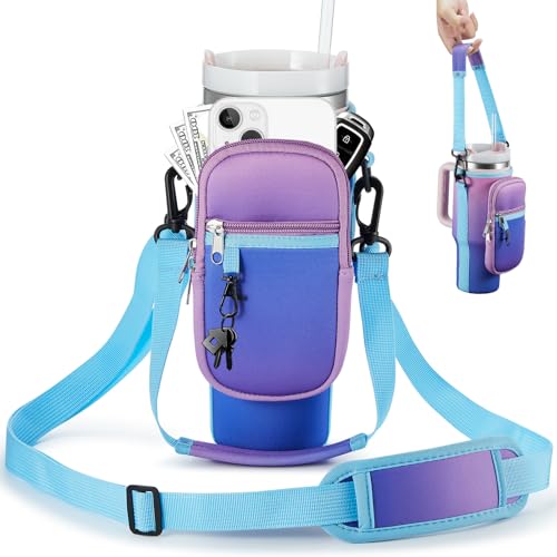 BULKITEM Water Bottle Carrier Bag with Phone Pocket for Stanley 40 & 30 oz Tumbler with Handle,Pink Insulated Neoprene Cup Holder Pouch w/Adjustable Strap for Quencher H2.0 Stanley Cup Accessories - color: Pink Blue Gradient, size: 40oz