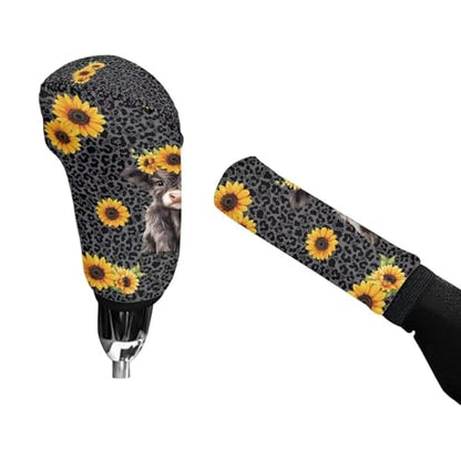 Jeiento 2 Pieces Black Leopard and Highland Cow Car Handbrake Cover Gear Shift Knob Cover Set, Automotive Shift Protector Cover Universal Fit Most Vehicle SUV Truck - color: Black Leopard and Highland Cow