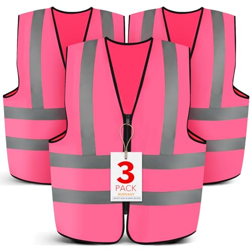 BURVAGY 3-Pack Reflective Safety Vest For Women Men - High-Visibility Safety Vest with 2in Reflective Strips for Emergency, Construction, and Safety Use-Pink XL - color: Pink, size: X-Large