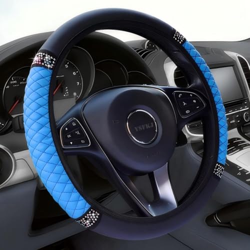 Soft Leather Car Steering Wheel Cover, Universal 15 Inch Colorful Rhinestones Anti-Slip Elastic Steering Wheel Covers for Most Cars, Sparkly Crystal Diamond for Women Girls (Blue) - color: Blue