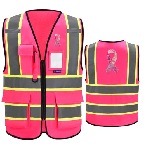 AYKRM Security Vest for Men Women 7 Pockets High Visibility Reflective Safety Vest Front Zipper Meets ANSI/ISEA - color: Pink-breast Cancer, size: Large