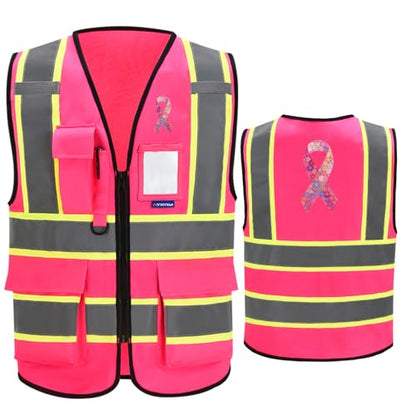 AYKRM Security Vest for Men Women 7 Pockets High Visibility Reflective Safety Vest Front Zipper Meets ANSI/ISEA - color: Pink-breast Cancer, size: Large