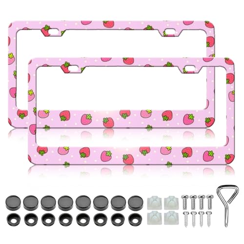 Cute Pink Strawberry License Plate Frames Holder - 2 Pack Fruit Pattern License Plate Holder Universal Aluminum Metal Rust-Proof Waterproof Car Decorative Tag Frame with Screws Fasteners Caps - color: Cute Strawberry Pink