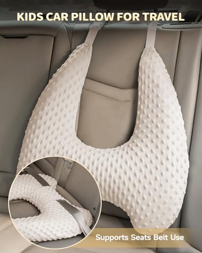 Memory Foam Kids Travel Pillow, Car Pillow for Kids, H-Shape Car Pillows for Sleeping, Removable Pillowcase, Adjustable, Velvet Dots, Beige - color: Velvet Dots Beige
