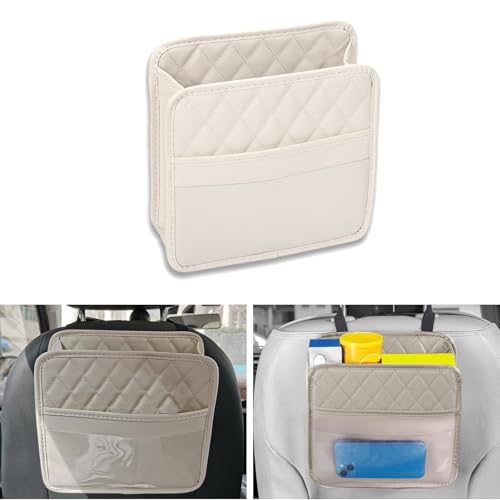 Car Seat Organizer Backseat with Storage Pockets, PU Leather Vehicle Backseat Hanging Storage Pocket, Multipurpose Automotive Travel Essentials Accessories, Universal for Most Cars (Beige) - color: Beige