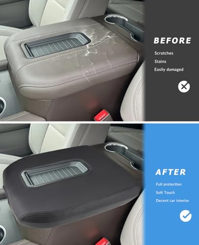 INTGET Center Console Cover for Chevy Silverado & GMC Sierra Accessories 2019 2020 2021 2022 2023 2024 2025 Leather Armrest Lid Arm Rest Box Protector(Black Stitches, Bucket Seat 19-25)