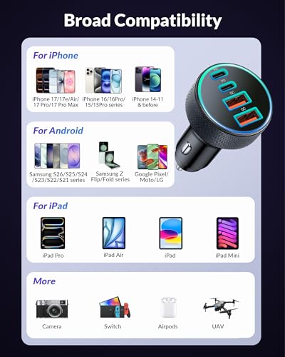 Car Charger USB C, 4-Port 90W Super Fast Charging Car Phone Charger Accessories Dual USB-C & USB-A Cargador Carro Cigarette Lighter Adapter for iPhone 17 16 15 14 13 12, iPad, Galaxy, Tablet, Android - style: 1Pack