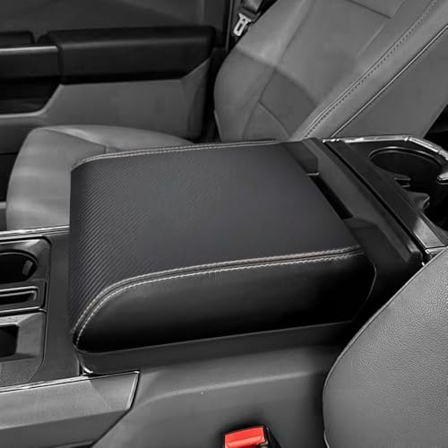 DEYTOP Armrest Cover for 2024 2025 2026 F150 Accessories Center Console Cover for Ford F150 2021-2026 Accessories Armrest Protector (Carbon Fiber with White Stitches, 21-23 with Work Surface Console) - color: Carbon Fiber with White Stitches, size: 21-23