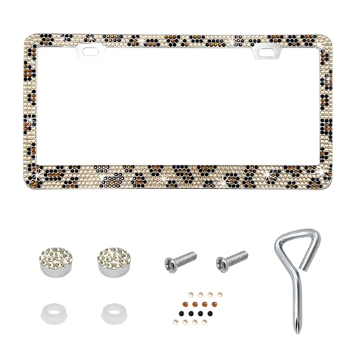 Bling License Plate Frame, Sparkly Bedazzled Auto Tag Holder with Mounting Kit, Handcrafted Crystal Stainless Steel Licence Plate Cover for Women Girls, Car Accessories (Leopard Print) - color: Leopard Print