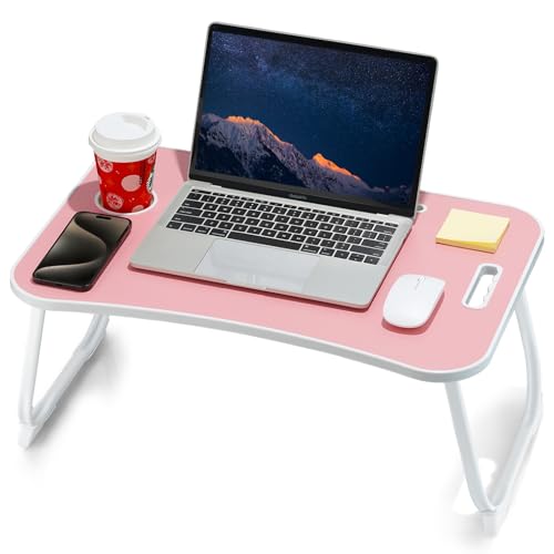 ZEAPTAC Laptop Bed Desk, Foldable Lap Desk, Portable Lap Table, Laptop Stand with Cup Holder & Tablet Slot & Lifting Handle for Working Writing Drawing & Eating - Pink - color: Pink
