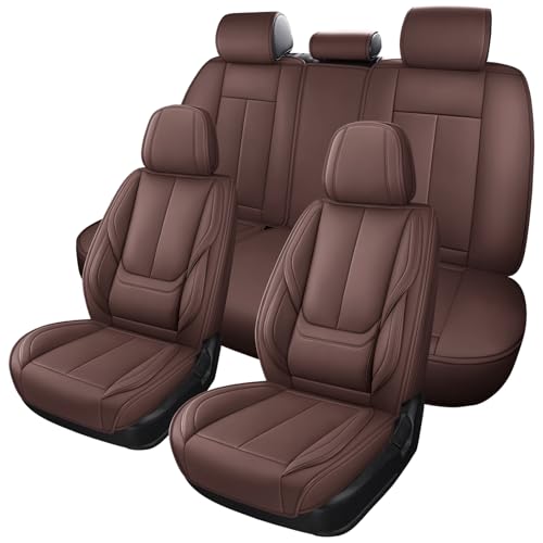 MINGBRON Car Seat Covers Full Set, Car Seat Cover Lumbar Support, Car Seat Protector Waterproof, Nappa Leather Car Seat Cushion, Front Seats and Back Fit for Most Cars Brown - color: Brown 3, size: 5 Seat Covers (Front & Rear)