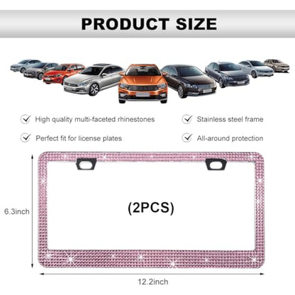 DXNQ 2PCS Bling License Plate Frame, Sparkly Rhinestone Diamond License Plate Cover with Crystal Screws Caps, Glitter Crystal Stainless Steel License Plate Holder for Women (Light Pink) - color: Light Pink, 2PCS