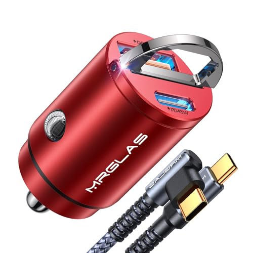 MRGLAS 90W USB C Car Charger Fast Charge, PD45W & QC45W, Flush Fit, Extra 3.3ft Type C Cable, All Metal, Cigarette Lighter USB Charger for iPhone 16 15 Pro Samsung S25 S24 S23 Ultra Pixel 8/8Pro/7-Red - color: Red